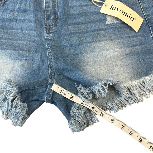 Luvamia Women's SZ M- Mid Rise Denim Shorts Stretch Ripped Raw Hem Jean Shorts - Picture 6 of 10